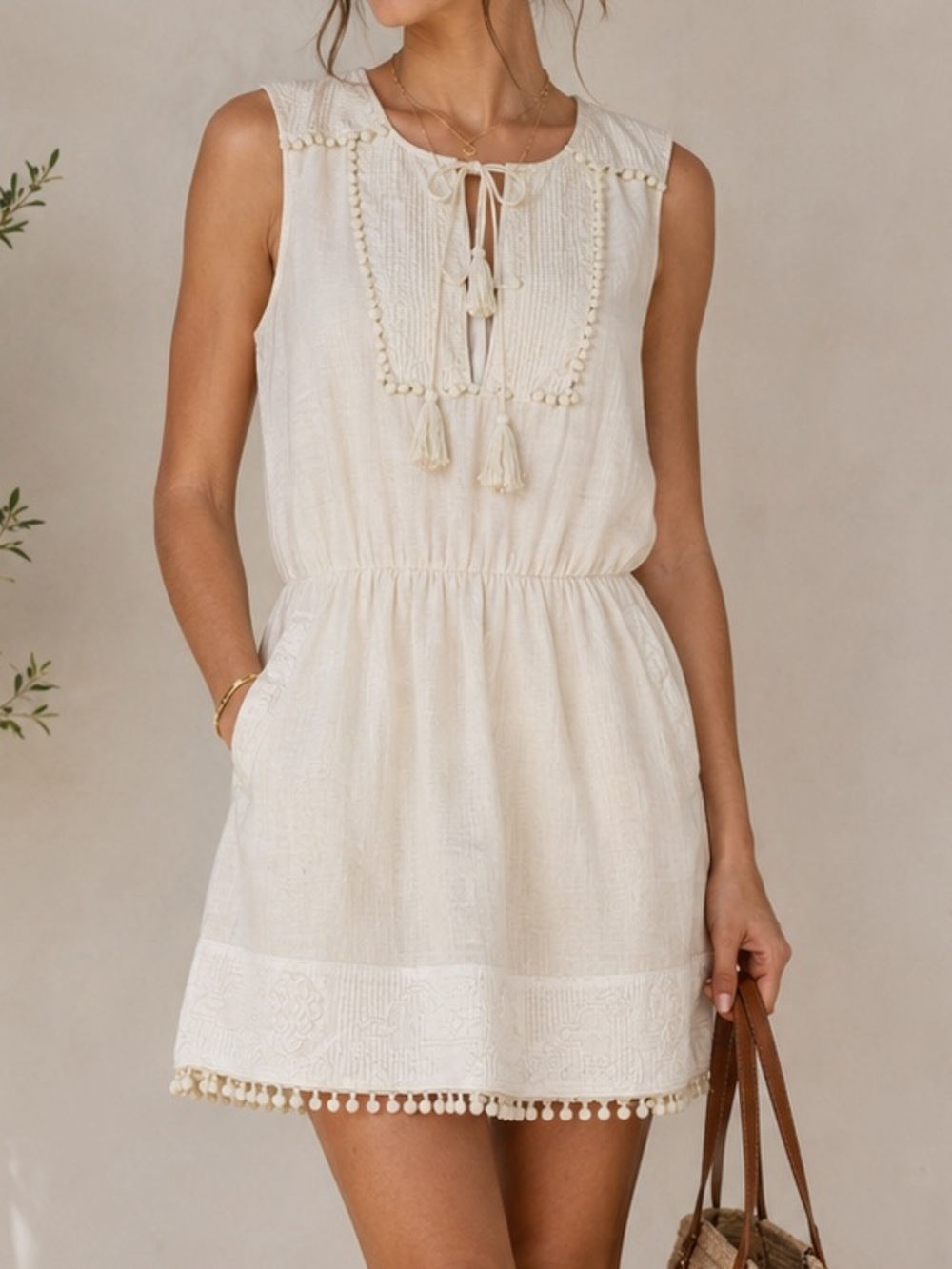 SAYLOR NY Boho Cream Pom-Pom Mini Dress sz Large